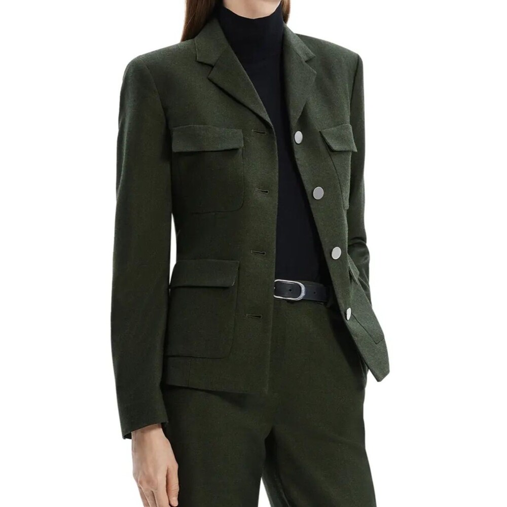 Theory Virgin Wool Military Jacket Size 2 Green Structured Blazer Shoulder Pads